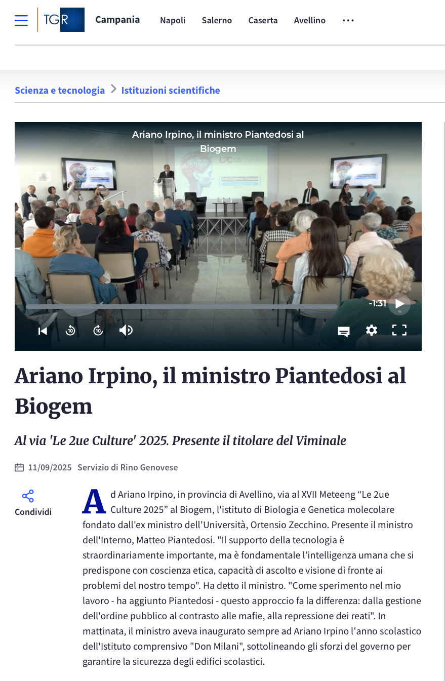 Ariano Irpino, il ministro Piantedosi al Biogem  Al via 'Le 2ue Culture' 2025. Presente il titolare del Viminale